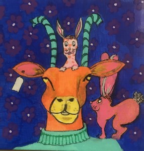 Tolence #2.  Goat with Rabbits. 8x8 on art canvas board. $50 Unframed.