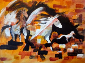 Four Horses Mixed Water Media (12"x16") $150 Unframed